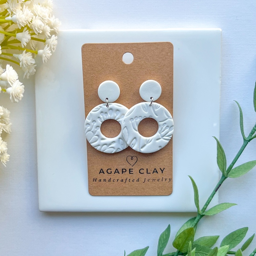 White Hoop Polymer Clay Earrings with Floral Print | Hypoallergenic